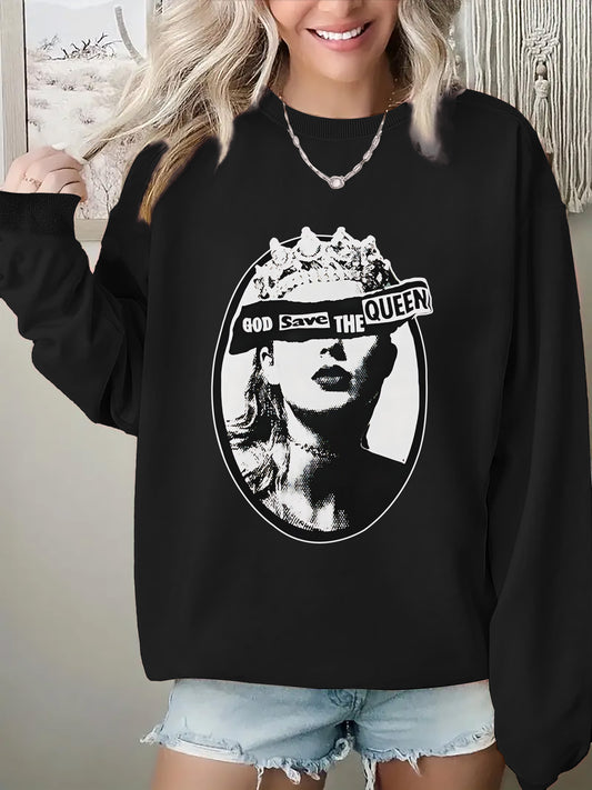 God Save The Queen" Graphic Crew Neck Sweatshirt - Casual Long Sleeve Pullover for Women, Versatile & Machine Washable, Perfect for All Seasons