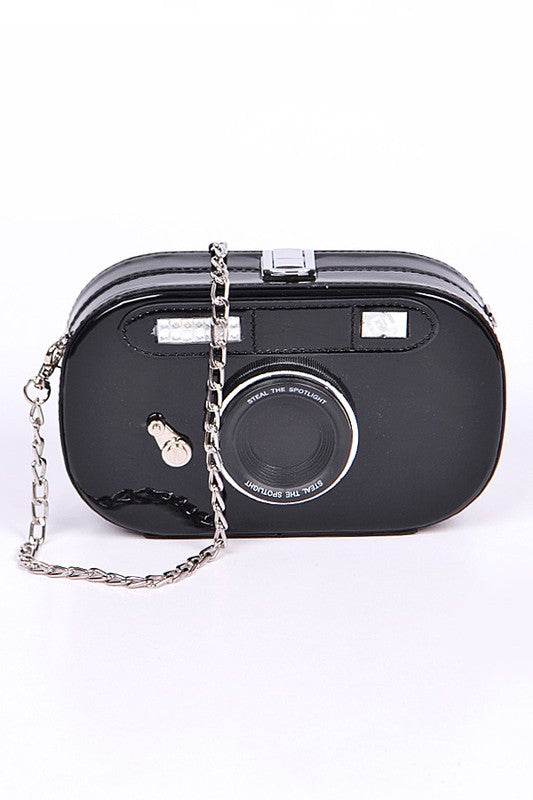 Metallic Oval Camera Iconic Swing Clutch Bag