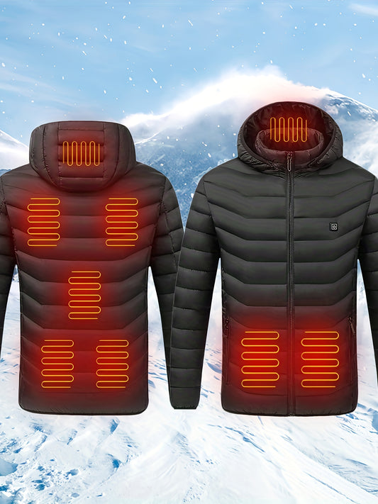 Men's Solid Color Heated, Heated Vest, Long Sleeved Zipper Hooded Jacket, Suitable For Winter Outdoor Use Excluding Power Bank