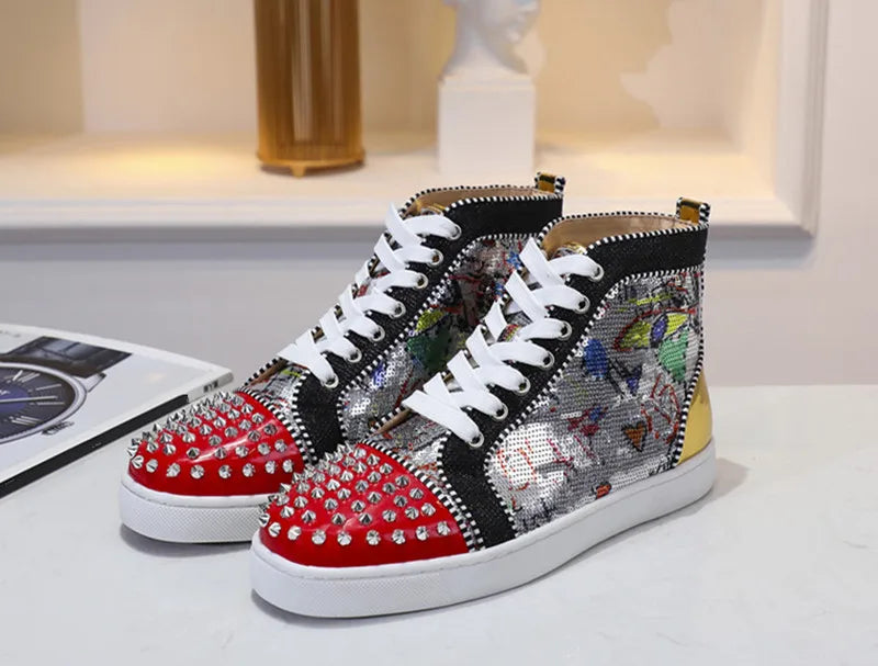 Graffiti Rivets Men's High-Top Lace-up Shoes Sequins Decoration Patent Leather Round Toe Men's Sneakers