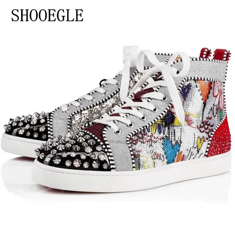 Graffiti Rivets Men's High-Top Lace-up Shoes Sequins Decoration Patent Leather Round Toe Men's Sneakers