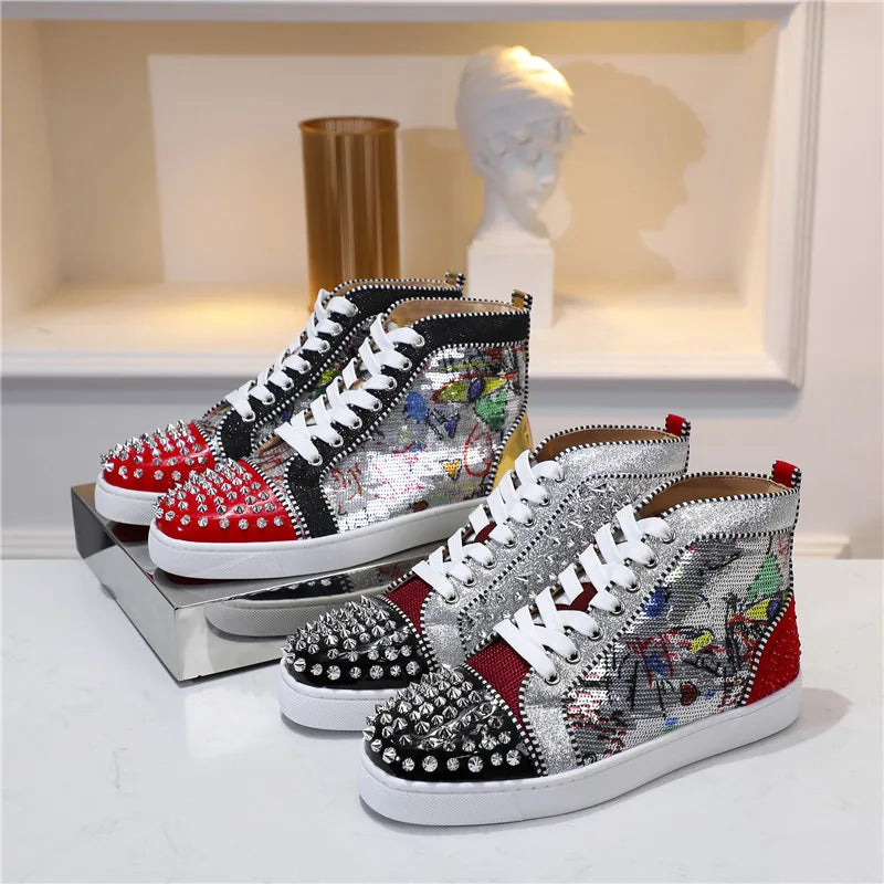 Graffiti Rivets Men's High-Top Lace-up Shoes Sequins Decoration Patent Leather Round Toe Men's Sneakers