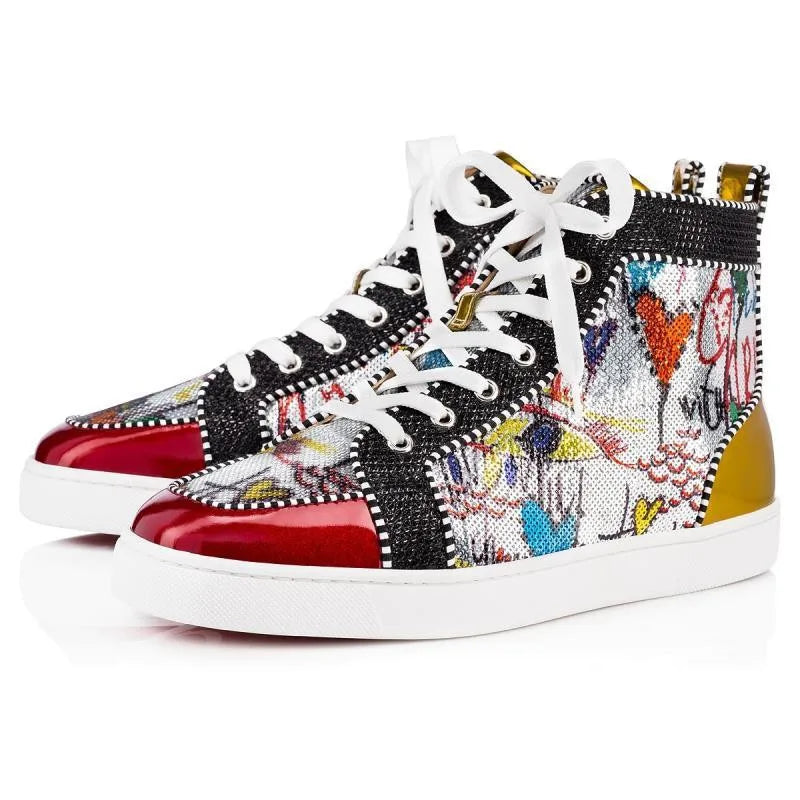 Graffiti Rivets Men's High-Top Lace-up Shoes Sequins Decoration Patent Leather Round Toe Men's Sneakers