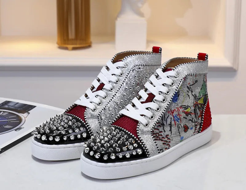 Graffiti Rivets Men's High-Top Lace-up Shoes Sequins Decoration Patent Leather Round Toe Men's Sneakers