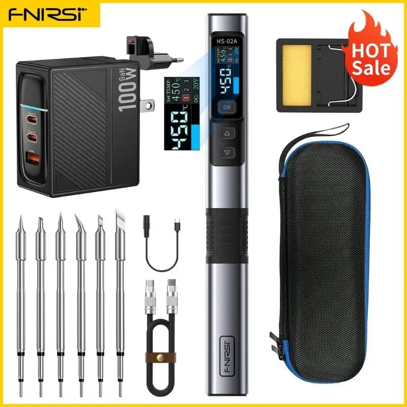 FNIRSI HS-02 Smart Electric Soldering Iron PD 100W Adjustable Constant Temperature Fast Heat Portable Soldering Iron Station Kit