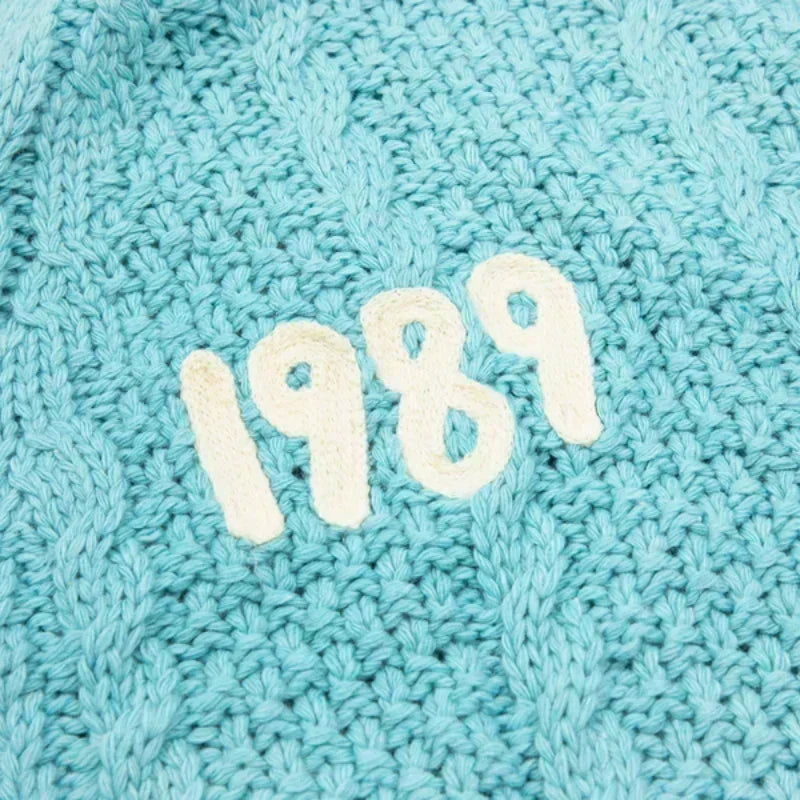 1989 Blue Cotton Knitted Cardigan Women Unisex Slight Stretch Loose Fit Cardigan Women Tops