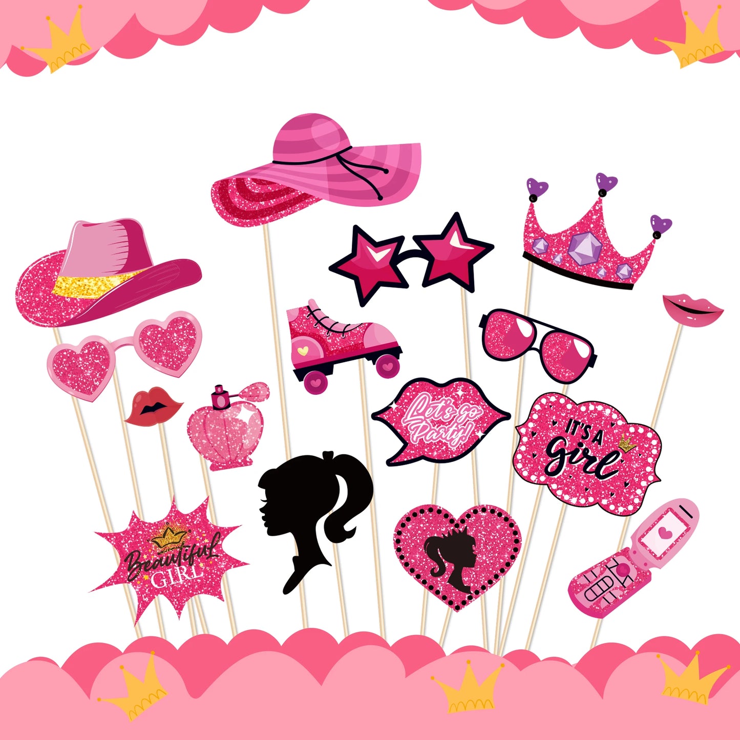 Barbie Black Pink Princess Photo Booth Props Make Up Baby Shower Crown Birthday Party Photo Shoot Background Supplies for Girls