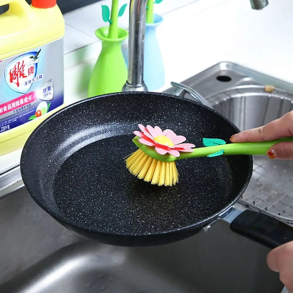 Cepillo de limpieza de estufa con forma de flor, cepillo con mango extraíble, botella, tazón, plato, olla, limpiador, accesorios de cocina