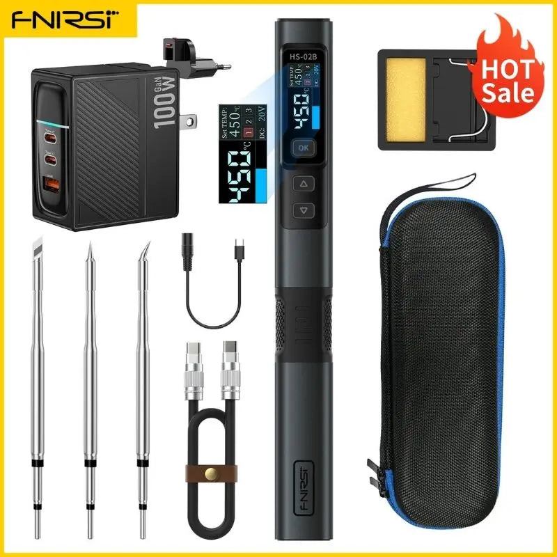 FNIRSI HS-02 Smart Electric Soldering Iron PD 100W Adjustable Constant Temperature Fast Heat Portable Soldering Iron Station Kit