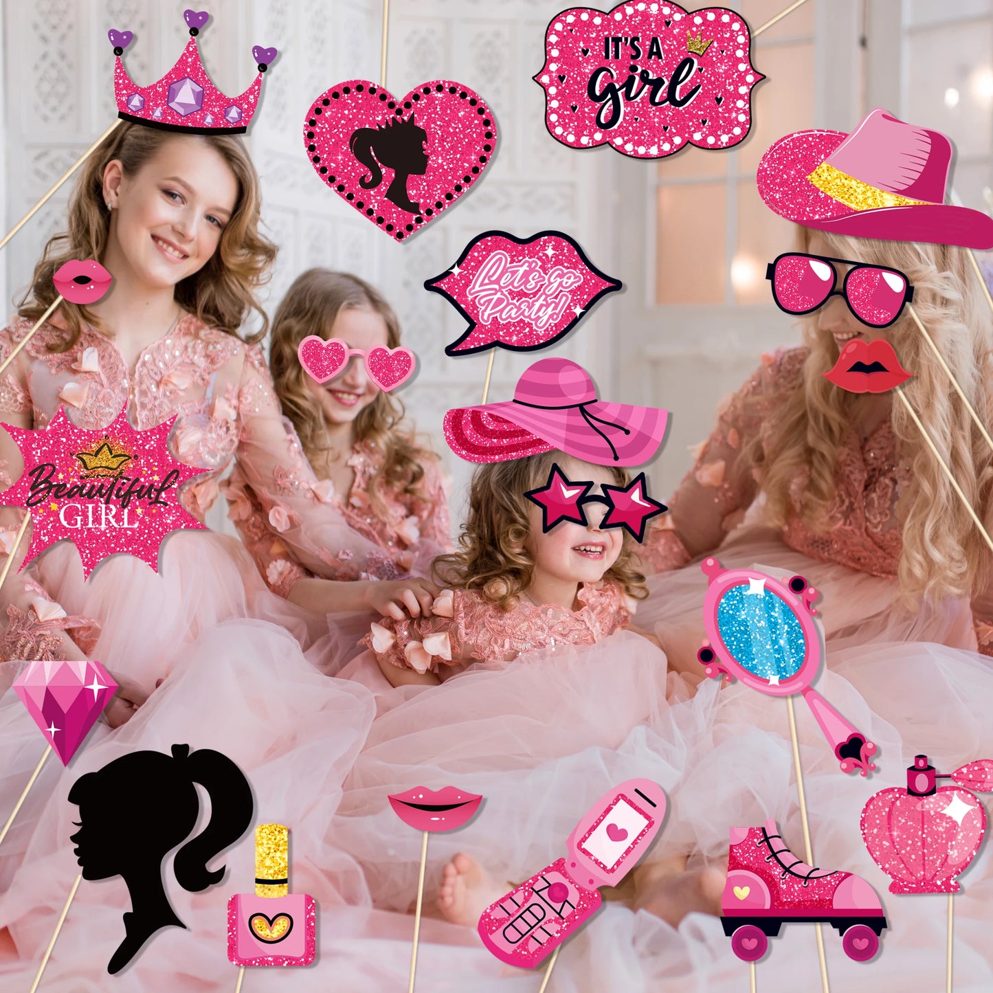 Barbie Black Pink Princess Photo Booth Props Make Up Baby Shower Crown Birthday Party Photo Shoot Background Supplies for Girls