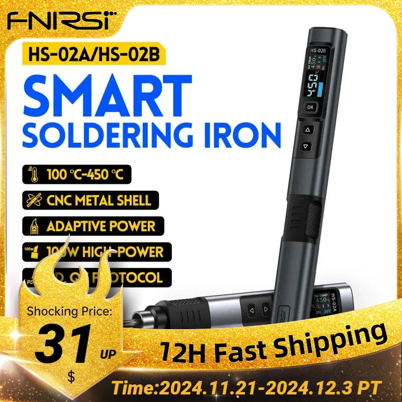 FNIRSI HS-02 Smart Electric Soldering Iron PD 100W Adjustable Constant Temperature Fast Heat Portable Soldering Iron Station Kit