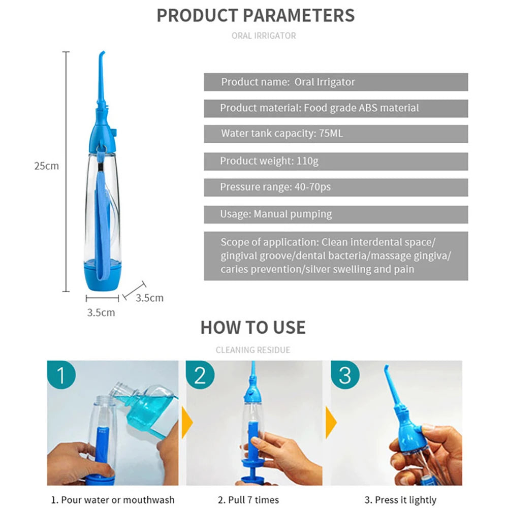 Portable Mouthwash Oral Irrigator Manual Inflatable Water Jet Dental 70ml Tank No Electric Travel Dental Irrigator Water Flosser