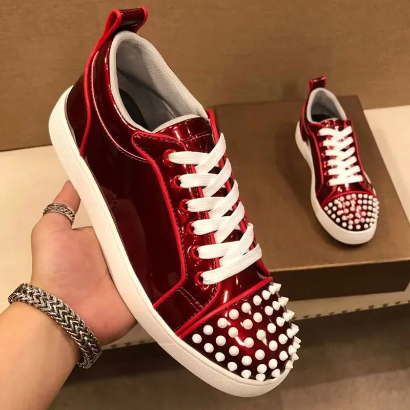 italian brand designer men fashion red studded shoes lace-up flats rivets shoe patent leather sneakers singer DJ stage footwear